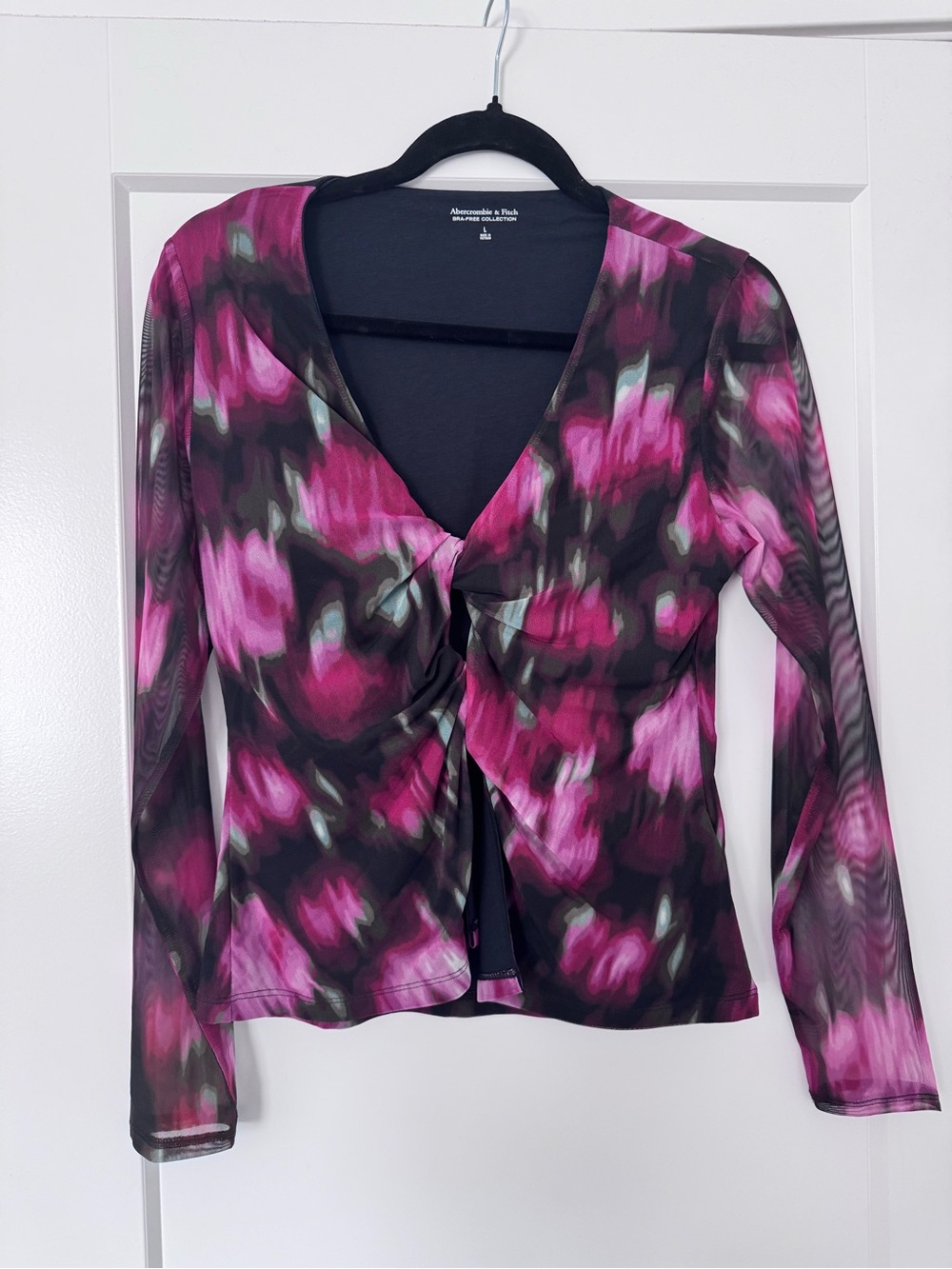 Abercrombie & Fitch Twist-Front Floral Mesh Top - Black & Magenta